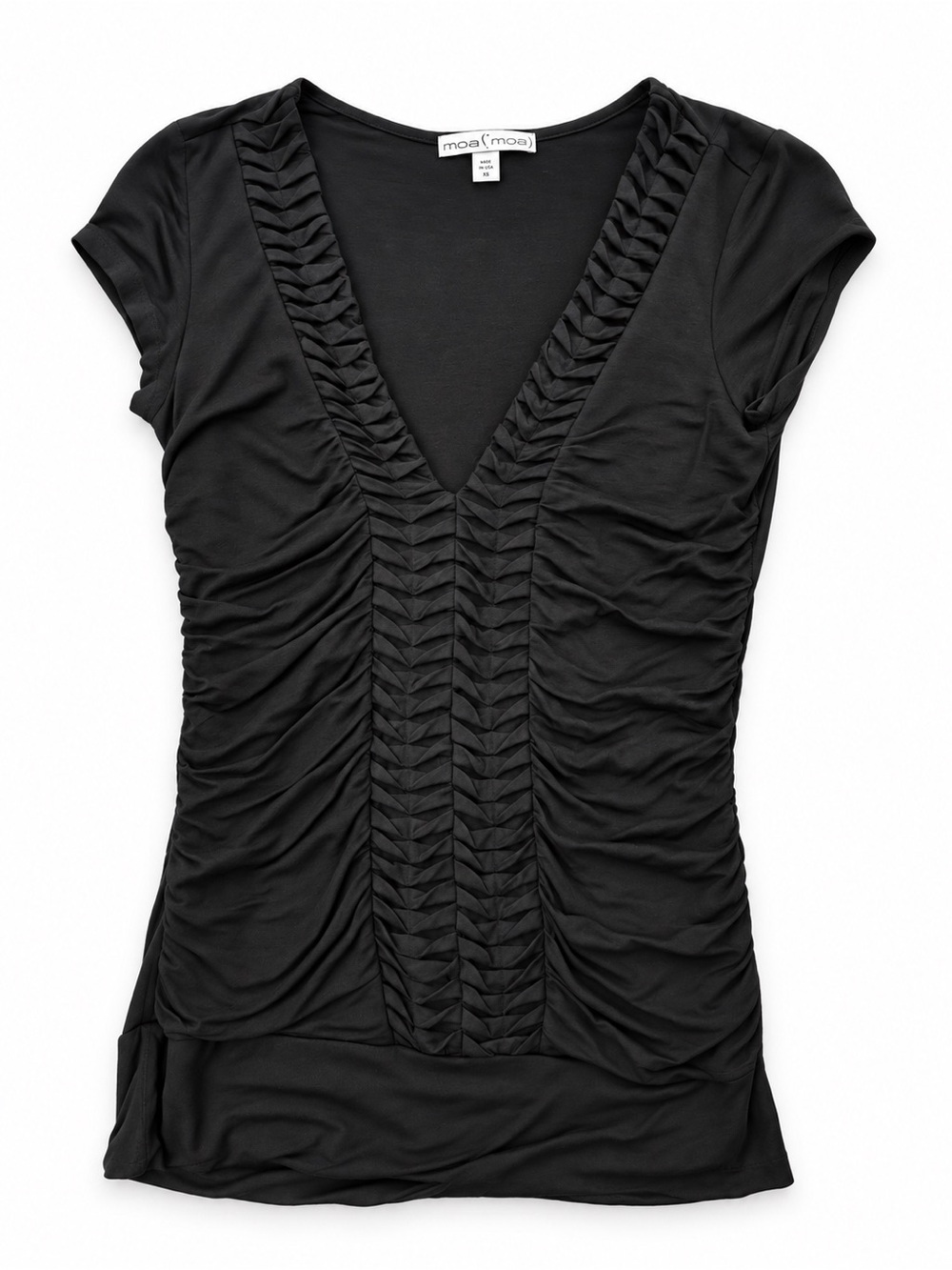 Moa Moa Black Ruched Deep V-Neck Stretch Top Size Small Y2K